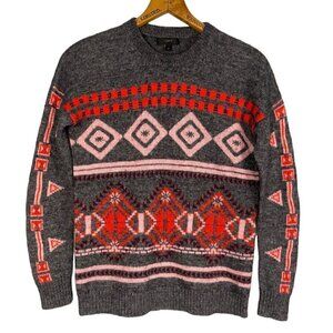 J.Crew Fair Isle Knit Sweater XS Grey Red Pink Geometric Wool Blend Nordic